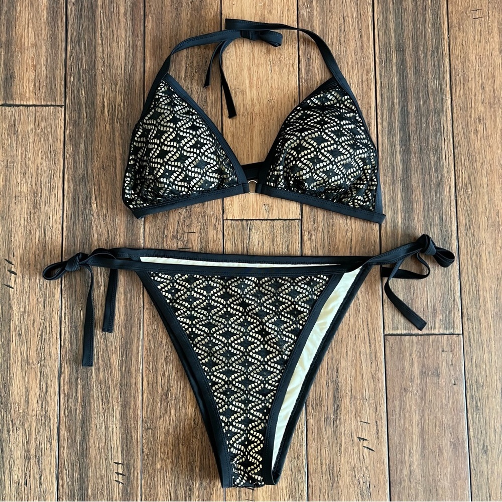 Black Lace Laser Cut Bikini 3X Swimsuit Bathingsuit Tie Neck Back Cheeky 3XL - Picture 2 of 10